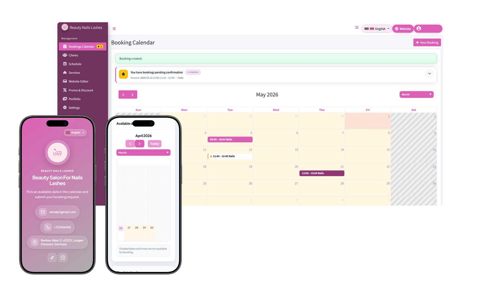 Beauty theme: admin calendar and client mobile interface