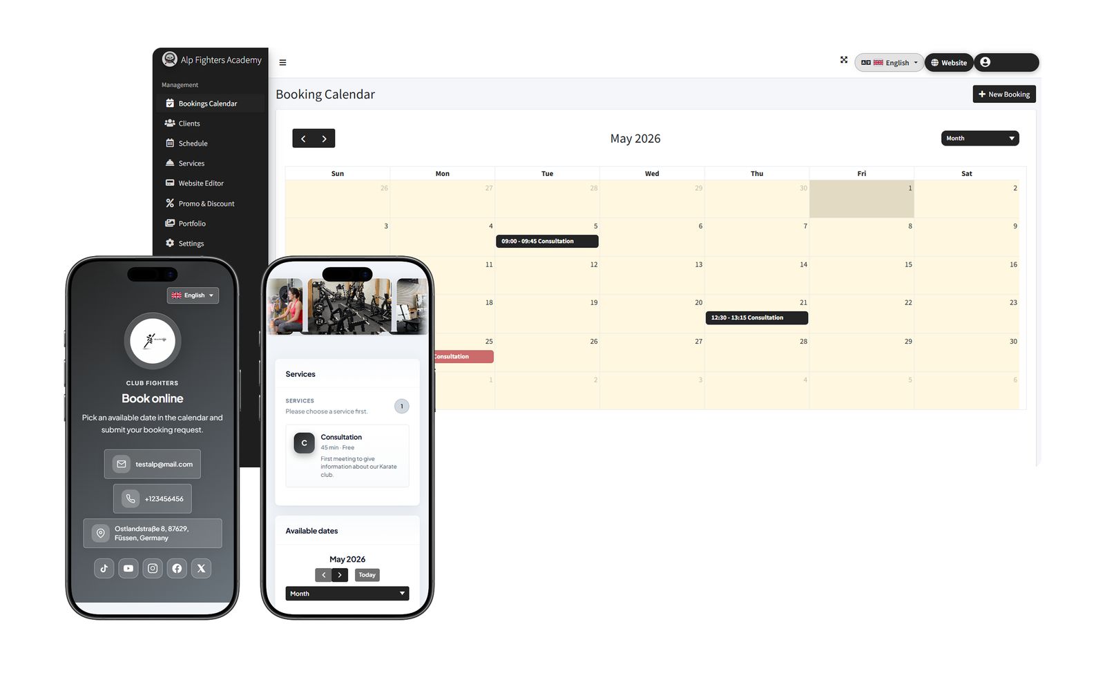 Academy theme: admin calendar and client mobile interface
