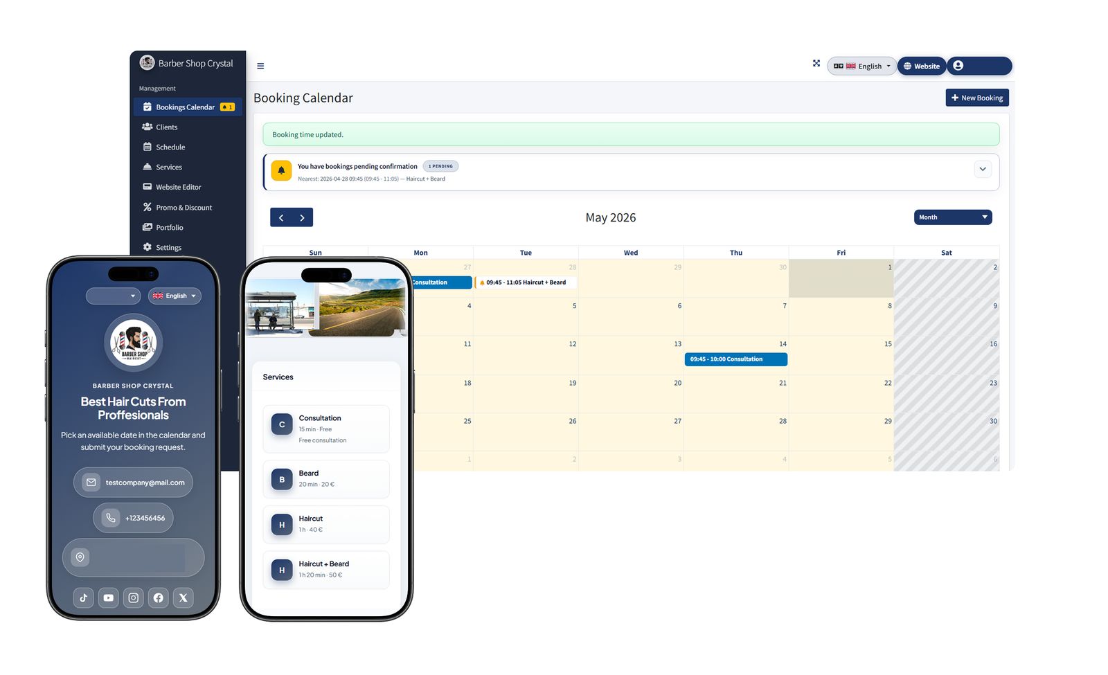 Barber theme: admin calendar and client mobile interface